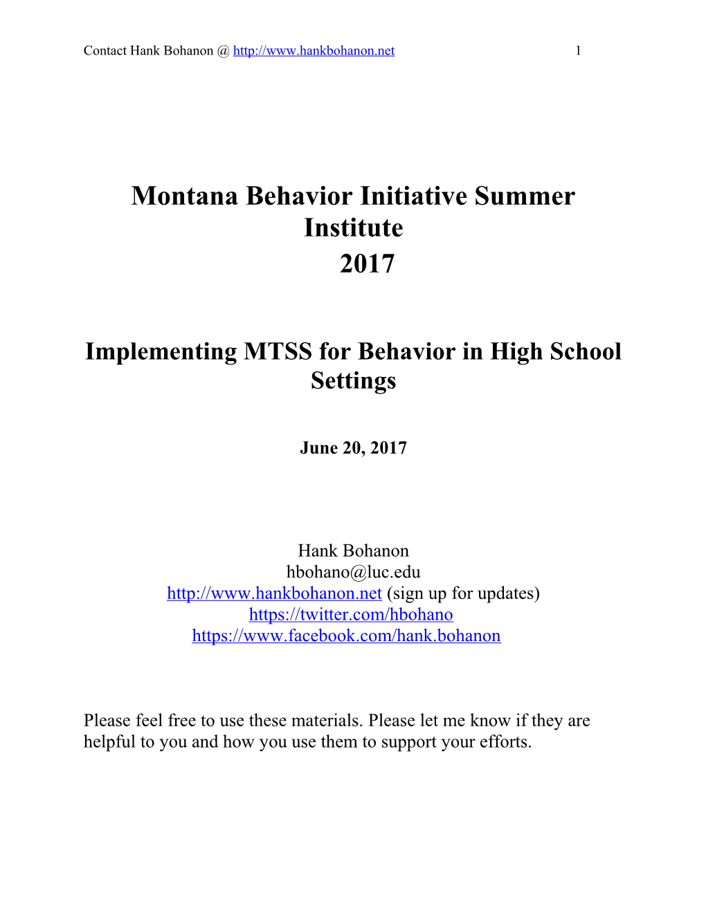 Montana Behavior Initiative Summer Institute