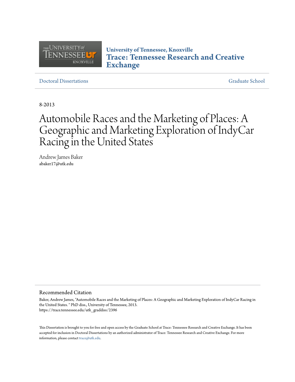 A Geographic and Marketing Exploration of Indycar Racing in the United States Andrew James Baker Abaker17@Utk.Edu