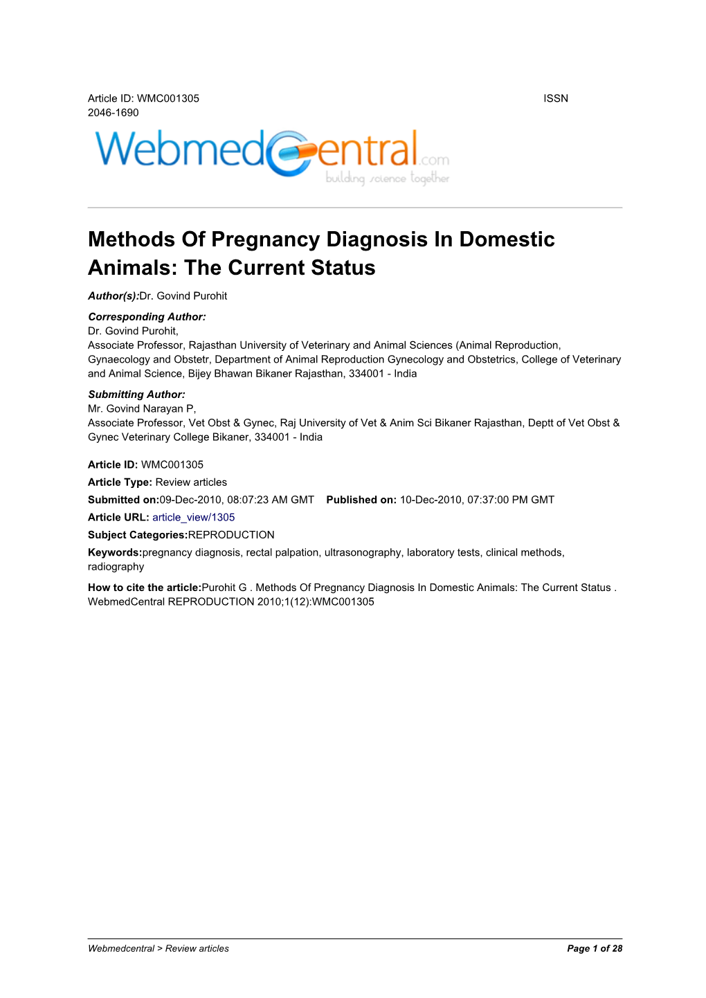Methods of Pregnancy Diagnosis in Domestic Animals: the Current Status