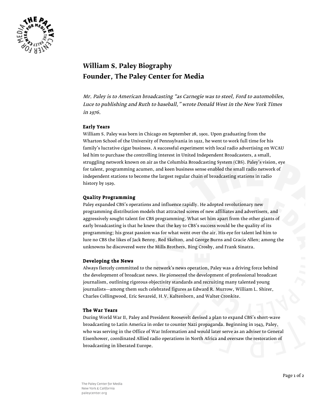 William S. Paley Biography Founder, the Paley Center for Media