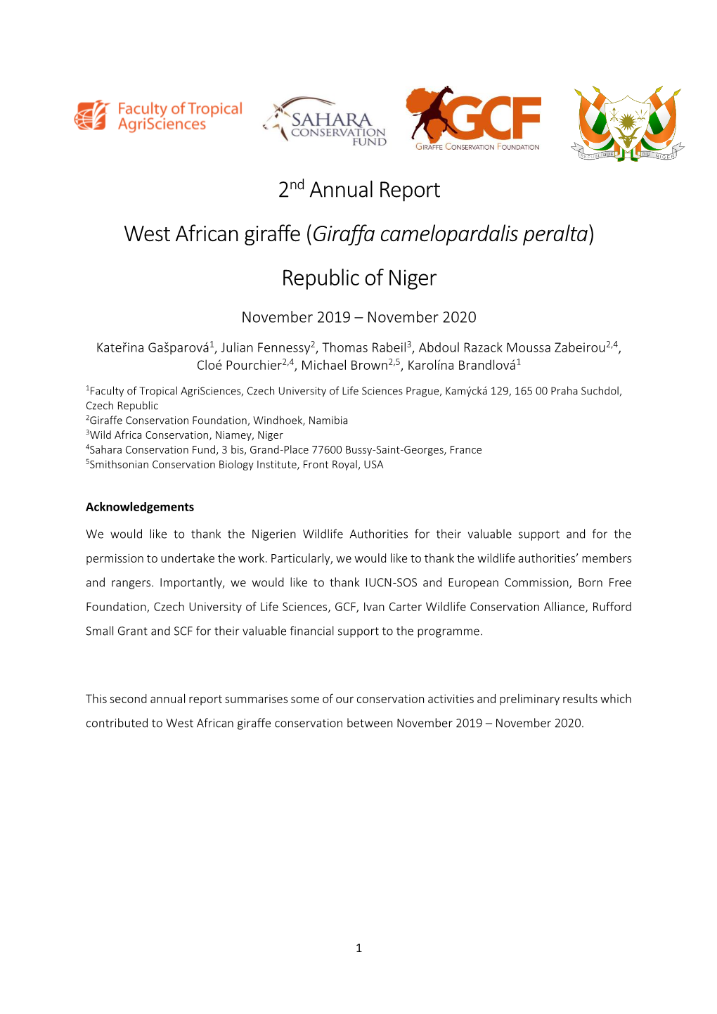 2Nd Annual Report West African Giraffe (Giraffa Camelopardalis Peralta) Republic of Niger