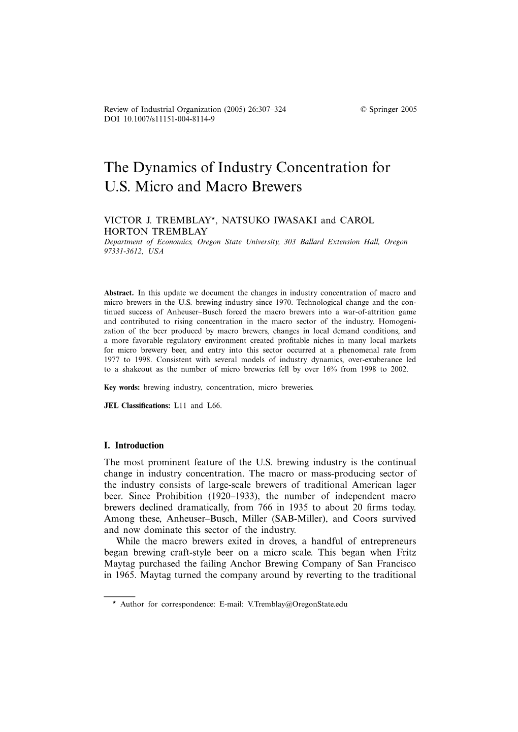 The Dynamics of Industry Concentration for U.S. Micro and Macro Brewers