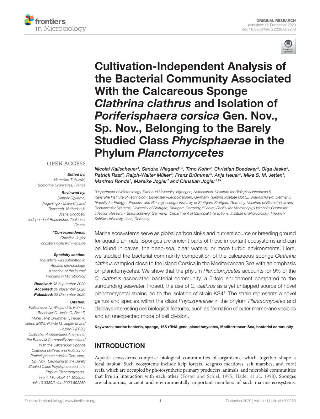 Cultivation-Independent Analysis of the Bacterial Community Associated with the Calcareous Sponge ﻿Clathrina Clathrus﻿ and I
