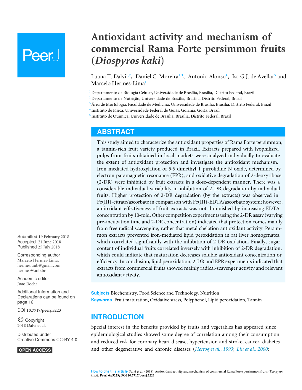 Antioxidant Activity and Mechanism of Commercial Rama Forte Persimmon Fruits (Diospyros Kaki)