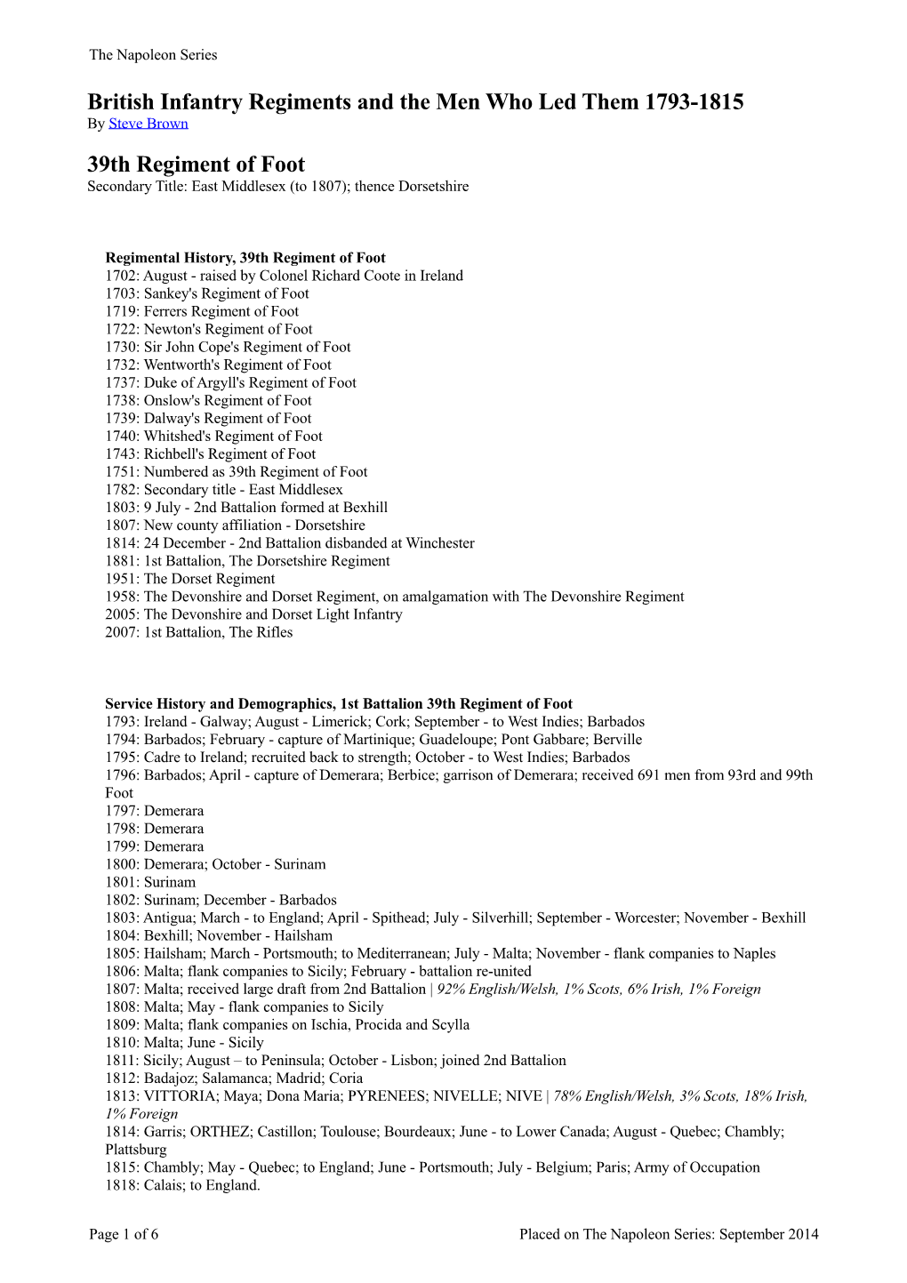 British Infantry Regiments and the Men Who Led Them 1793-1815 by Steve Brown 39Th Regiment of Foot Secondary Title: East Middlesex (To 1807); Thence Dorsetshire