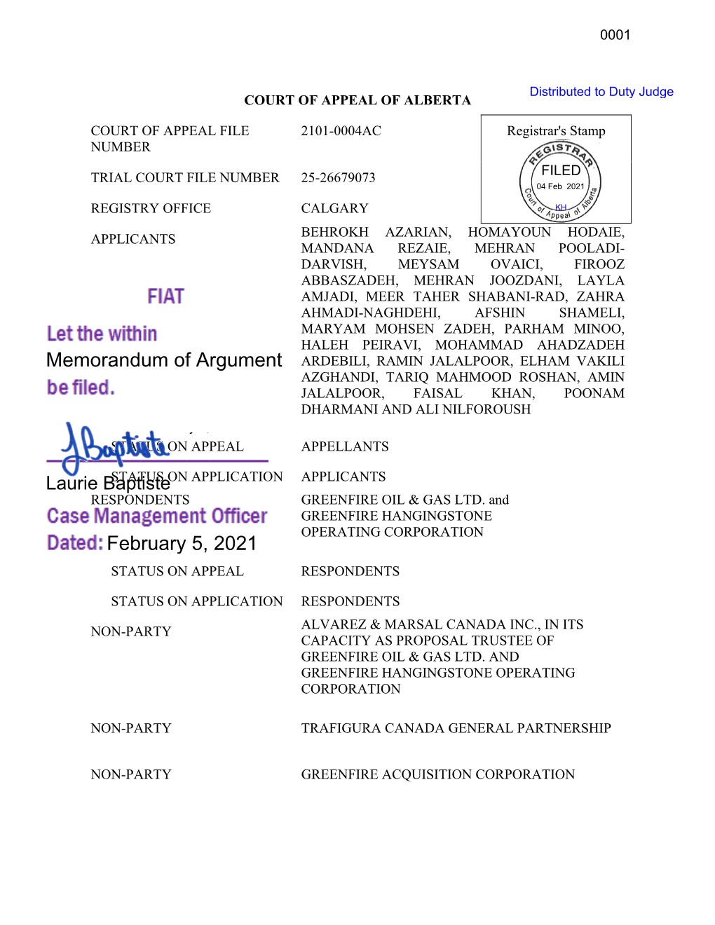 Memorandum of Argument February 5, 2021