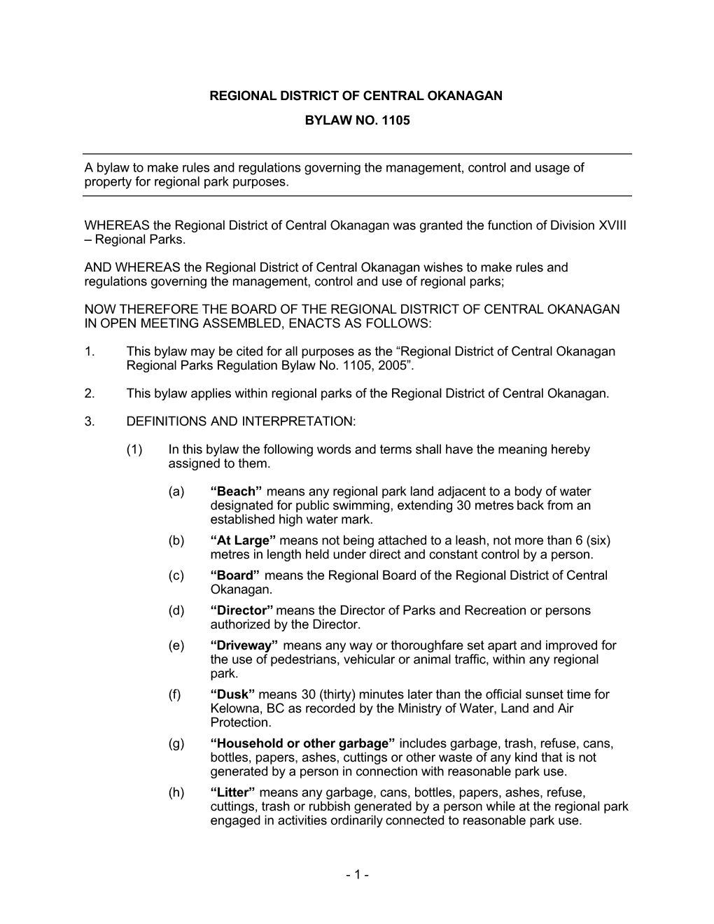 Regional District of Central Okanagan Bylaw No. 1105 A