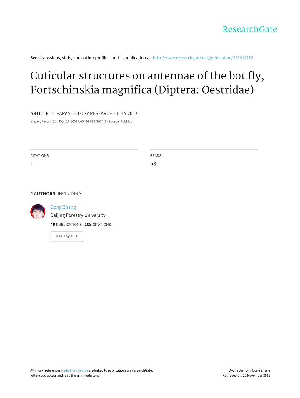 Cuticular Structures on Antennae of the Bot Fly, Portschinskia Magnifica (Diptera: Oestridae)