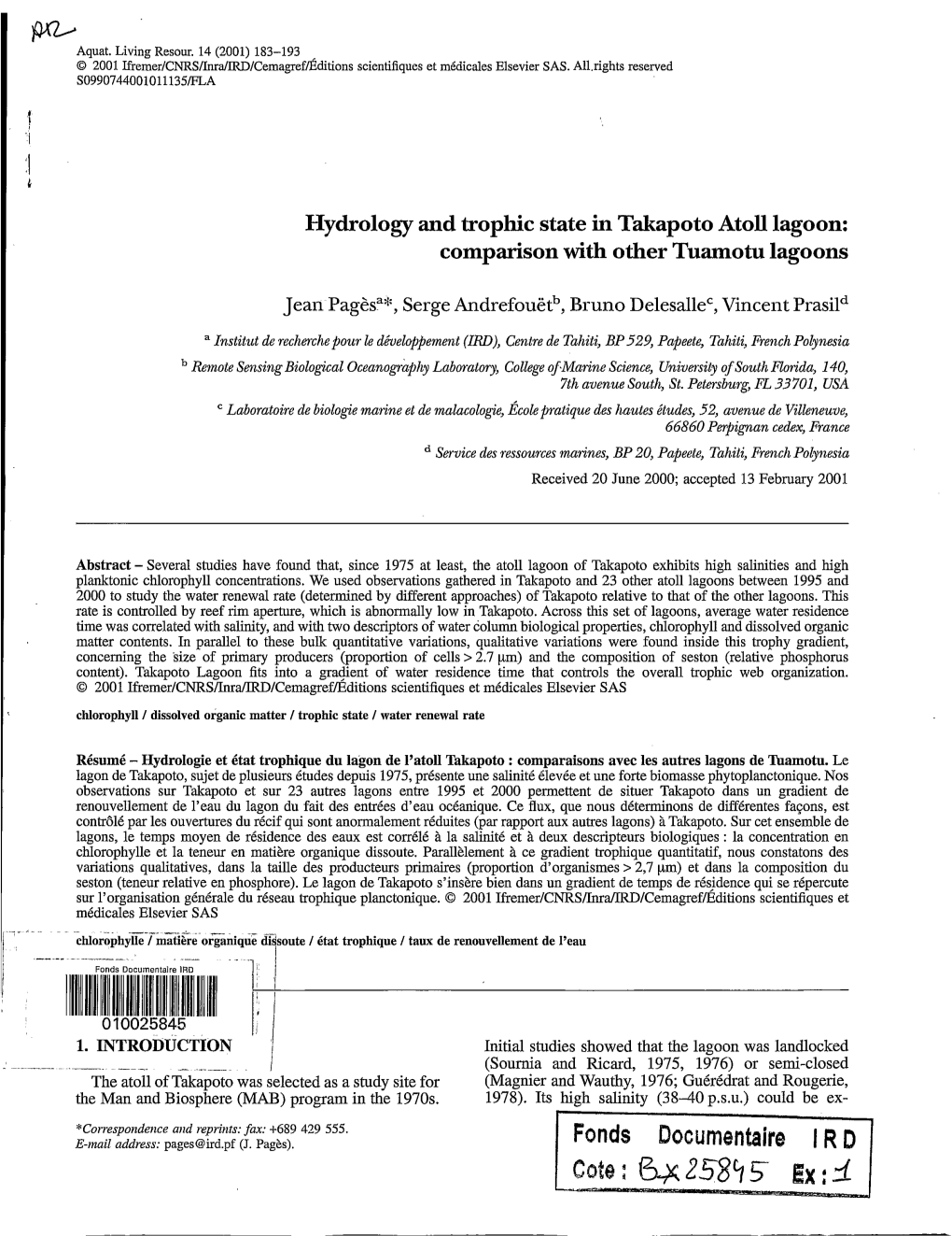 Hydrology and Trophic State in Takapoto Atoll Lagoon: Comparison with Other Tuamotu Lagoons