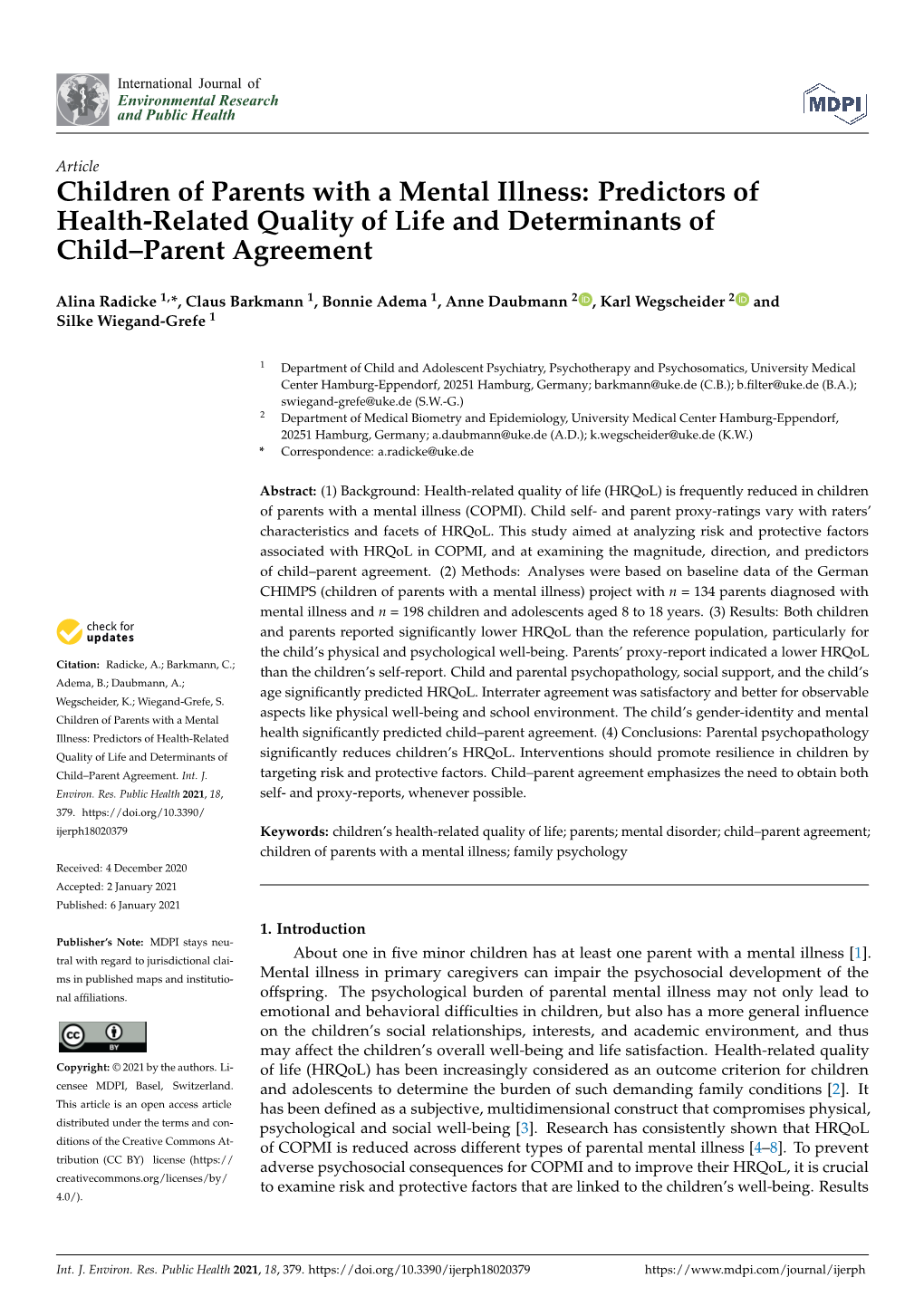 Children of Parents with a Mental Illness: Predictors of Health-Related Quality of Life and Determinants of Child–Parent Agreement