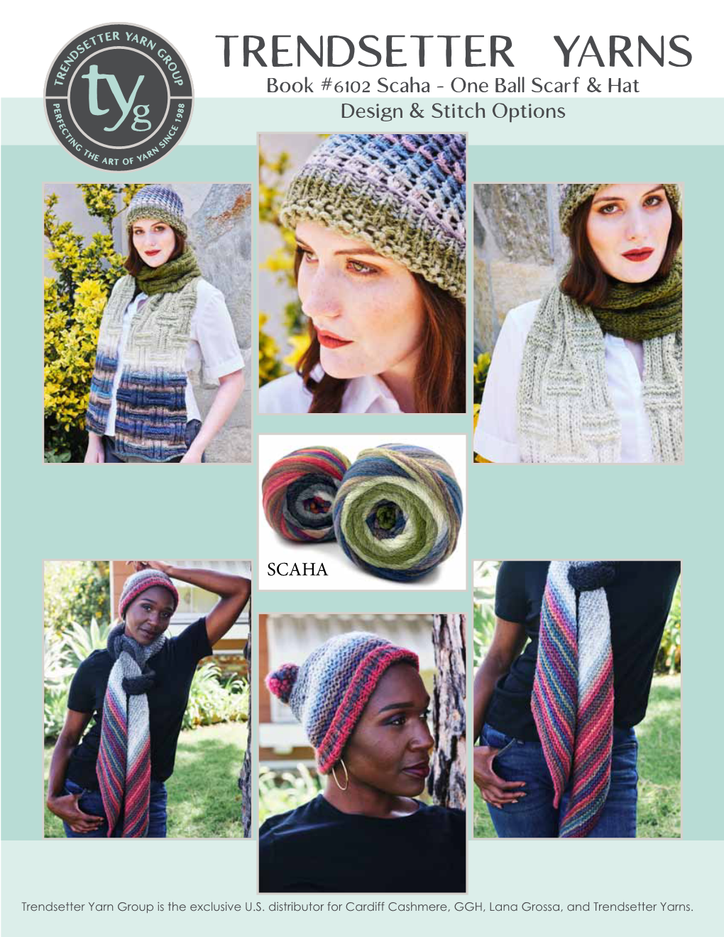 TRENDSETTER YARNS Book #6102 Scaha - One Ball Scarf & Hat Design & Stitch Options