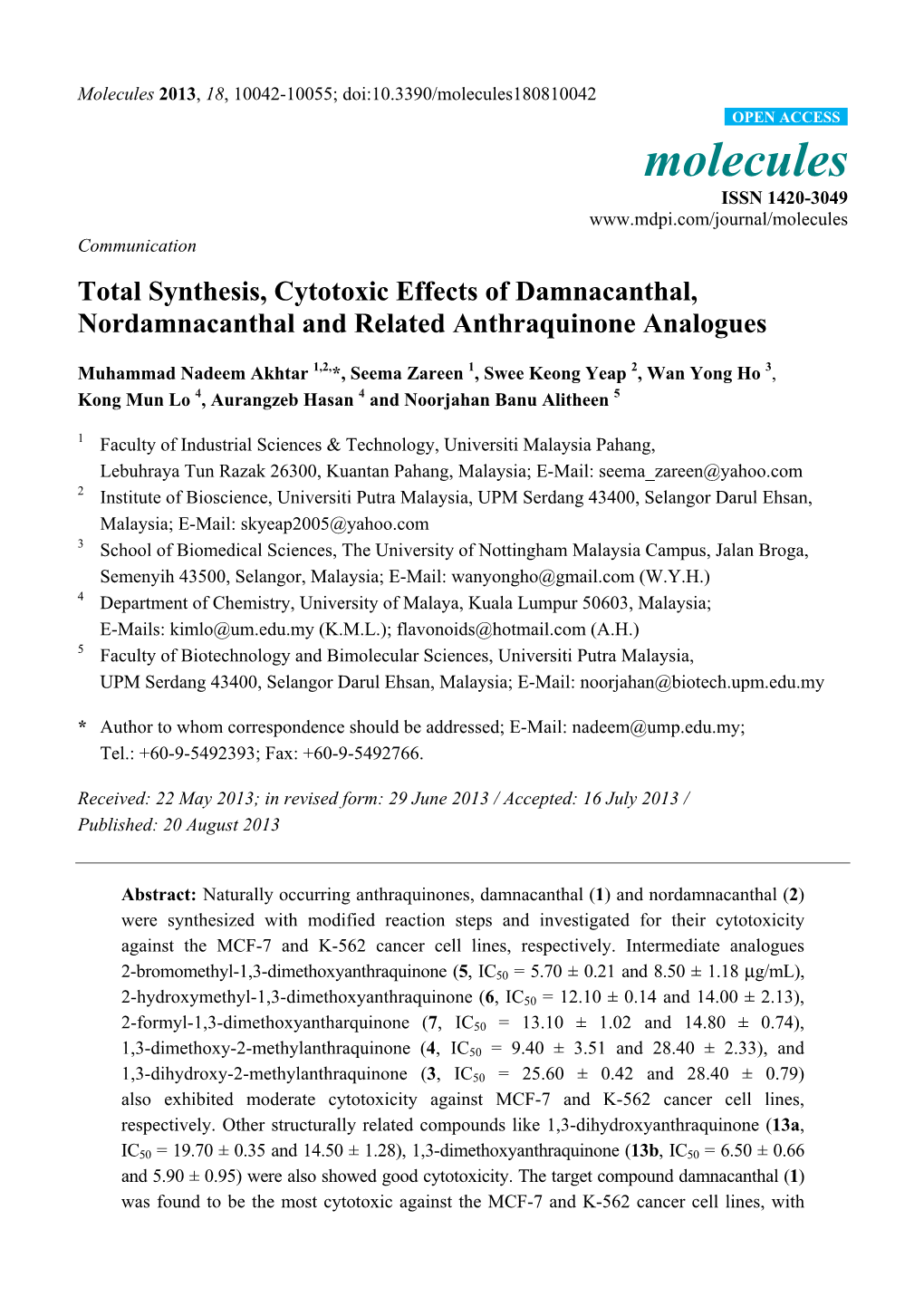 Total Synthesis, Cytotoxic Effects of Damnacanthal, Nordamnacanthal and Related Anthraquinone Analogues