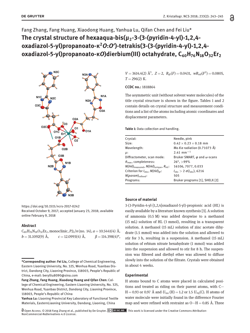 The Crystal Structure of Hexaaqua-Bis(Μ2-3-(3-(Pyridin-4-Yl)-1