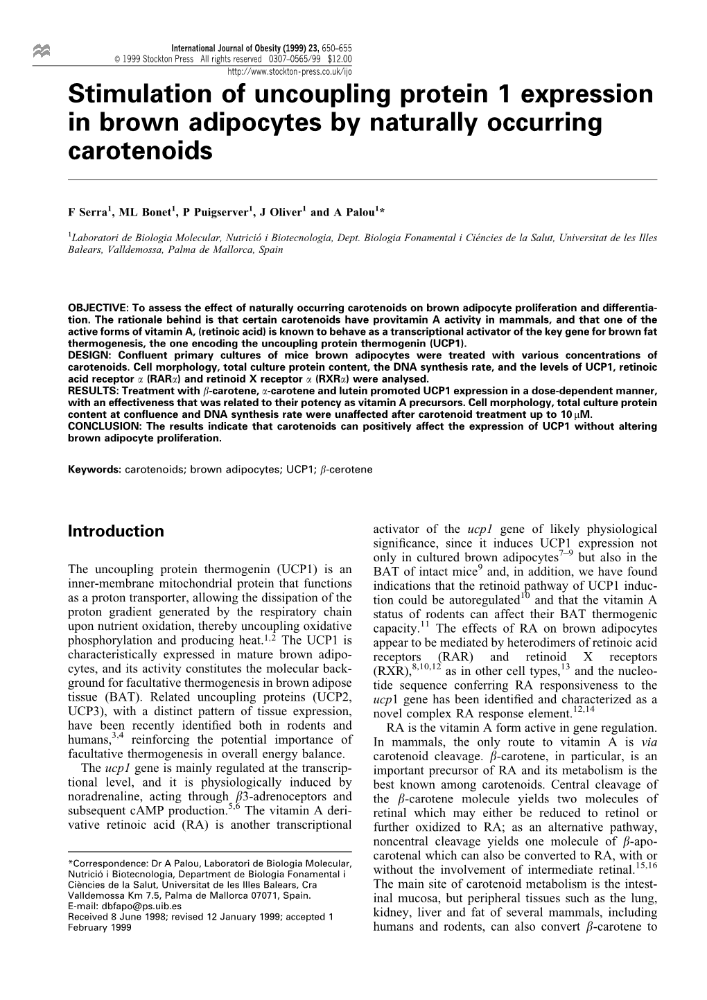 Stimulation of Uncoupling Protein 1 Expression in Brown Adipocytes by Naturally Occurring Carotenoids