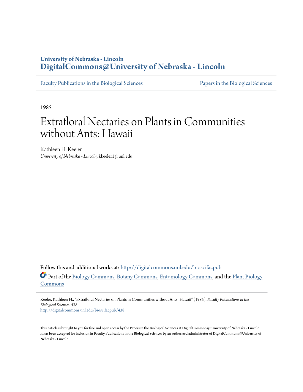 Extrafloral Nectaries on Plants in Communities Without Ants: Hawaii Kathleen H