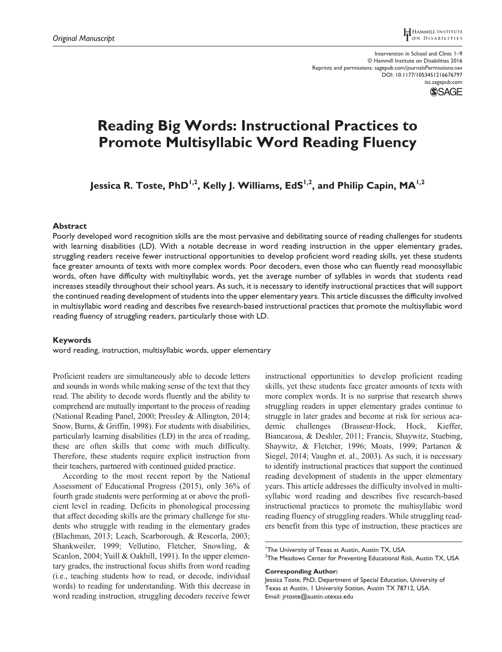 Instructional Practices to Promote Multisyllabic Word Reading Fluency