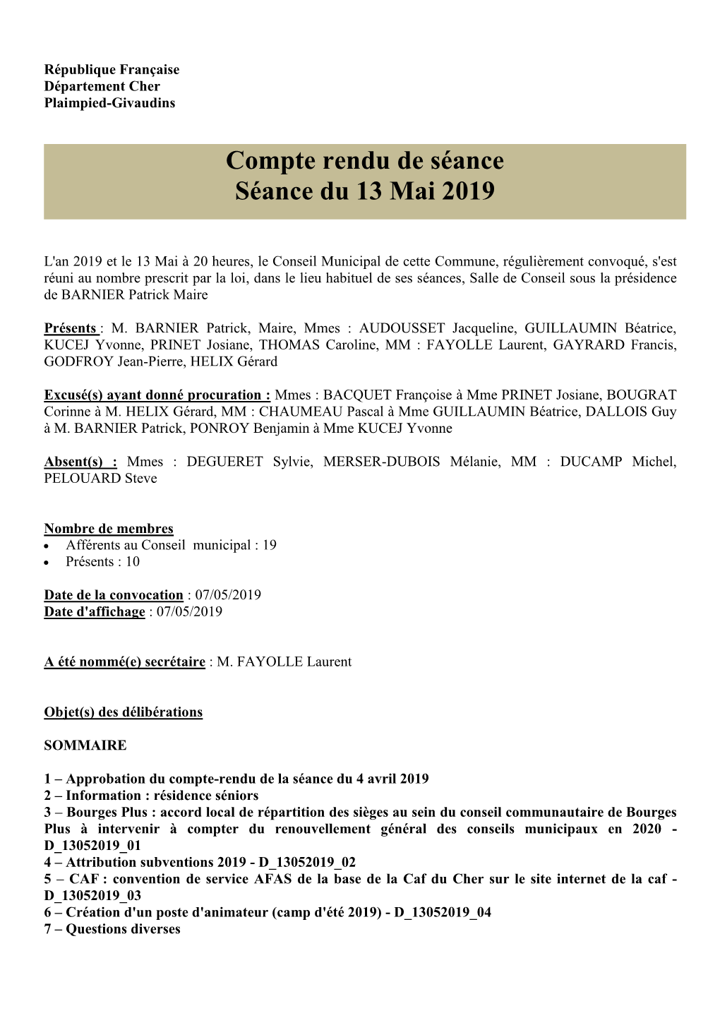 Compte Rendu De Séance Séance Du 13 Mai 2019