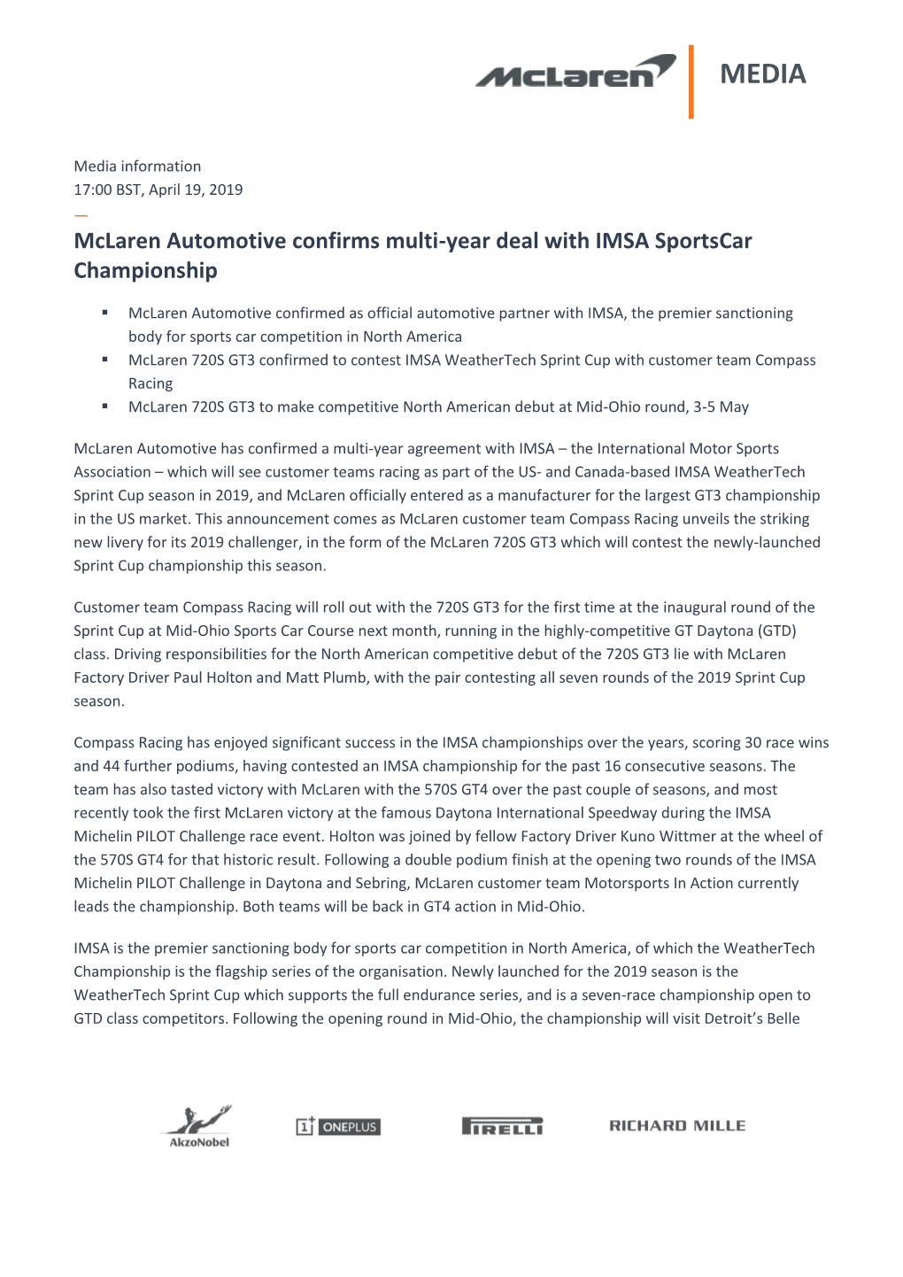 Mclaren Automotive Confirms Multi-Year Deal with IMSA Sportscar Championship