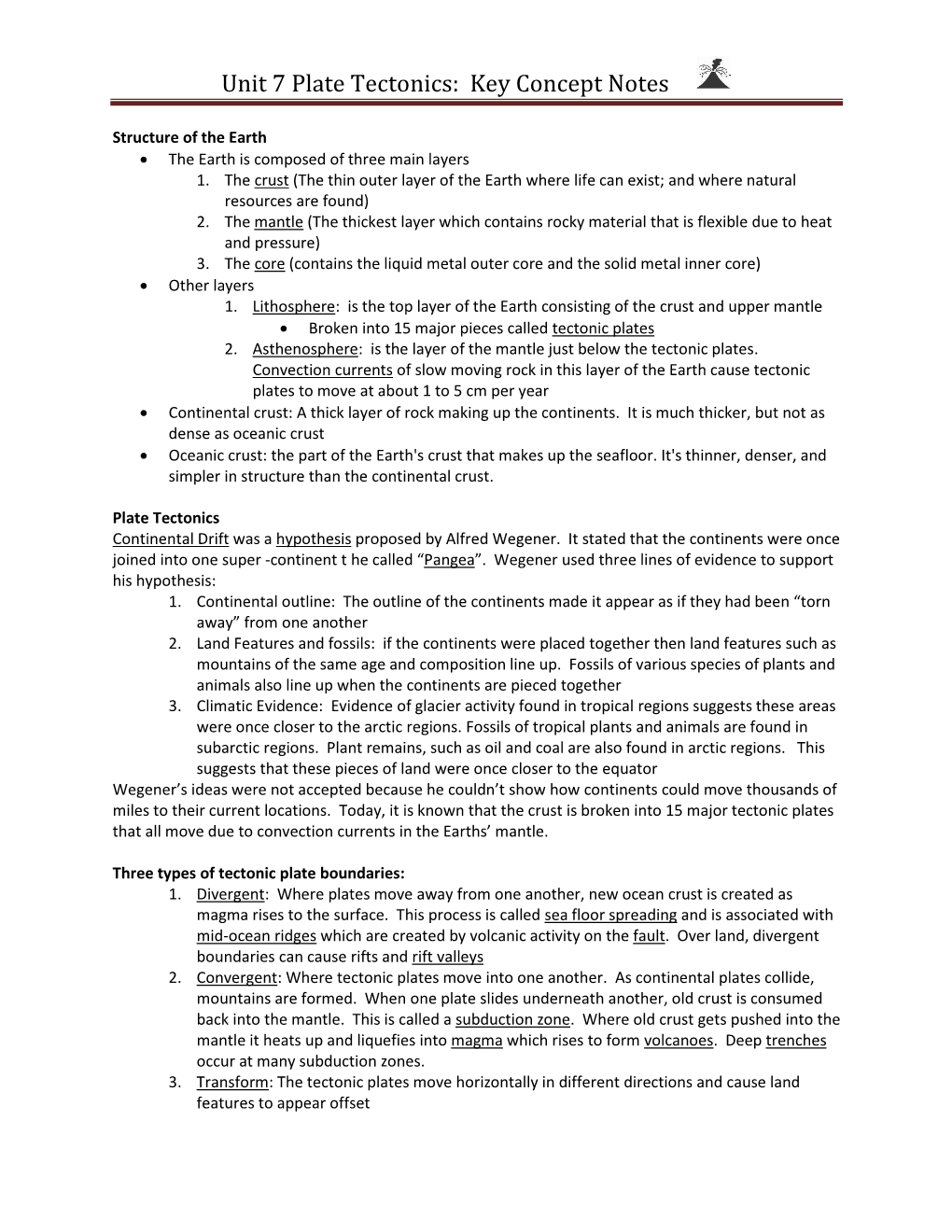 Unit 7 Plate Tectonics: Key Concept Notes