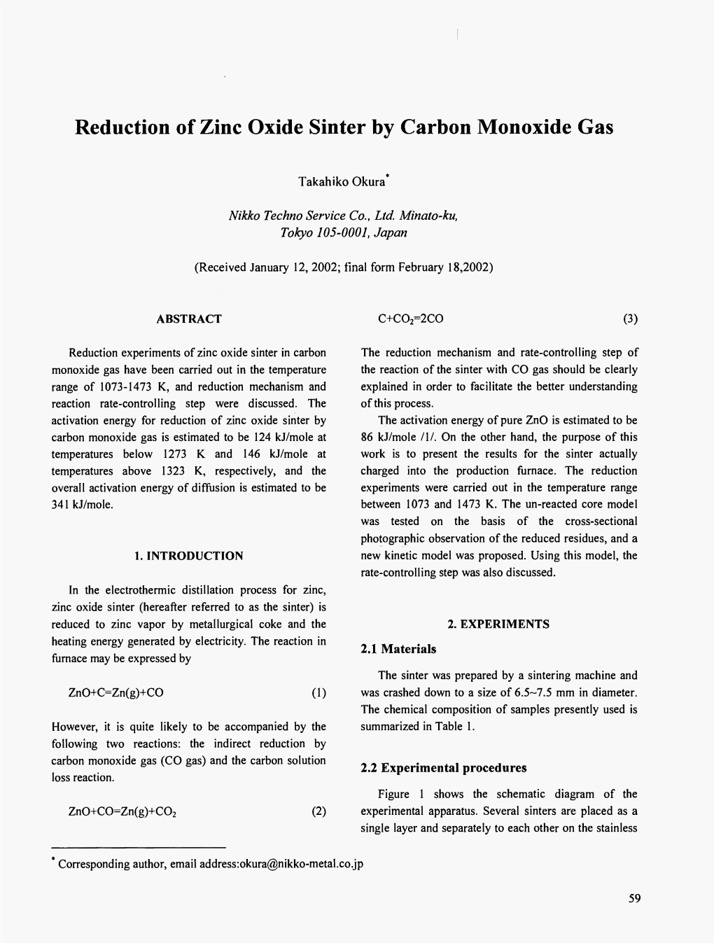 Reduction of Zinc Oxide Sinter by Carbon Monoxide Gas