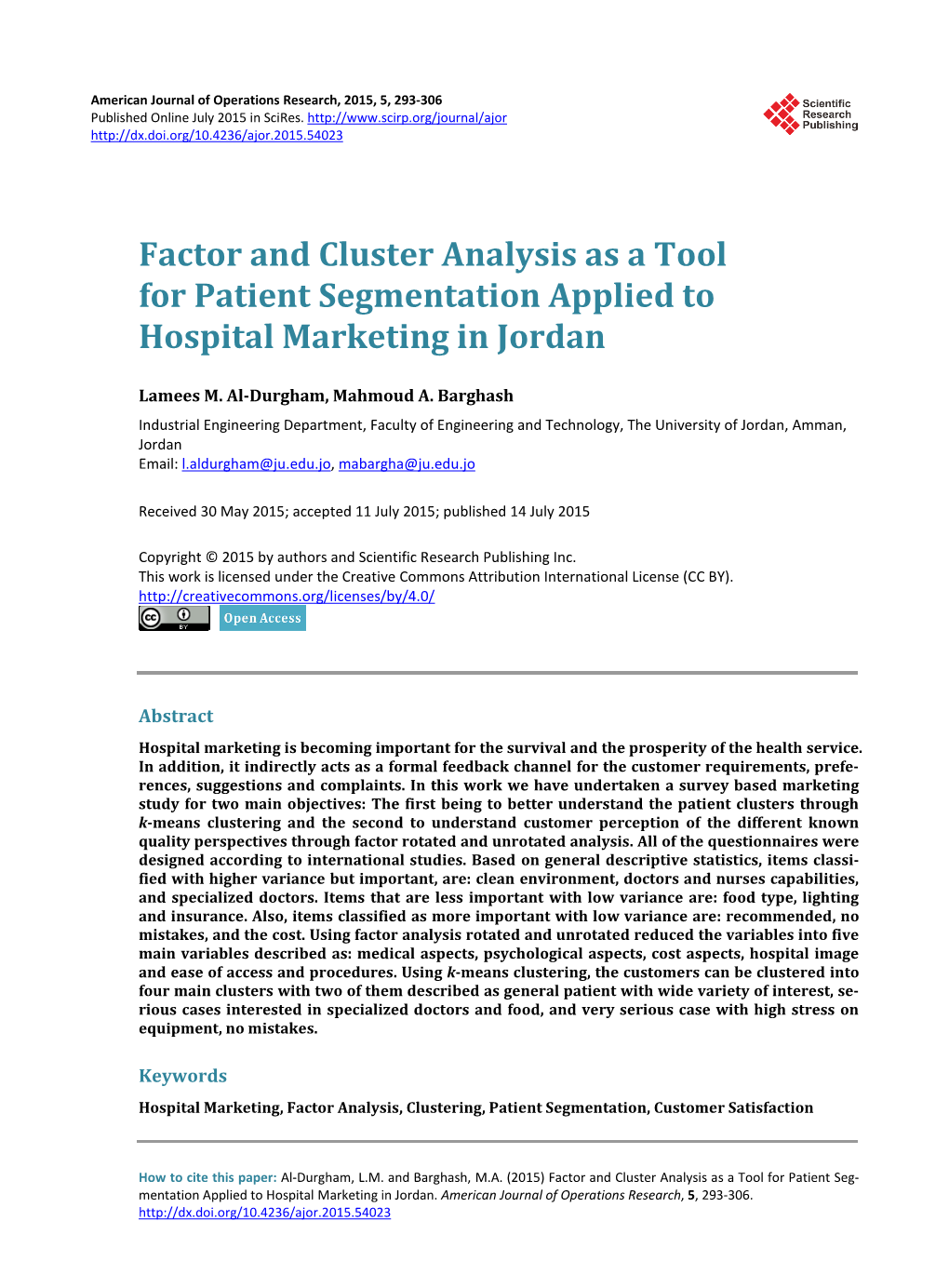 Factor and Cluster Analysis As a Tool for Patient Segmentation Applied to Hospital Marketing in Jordan