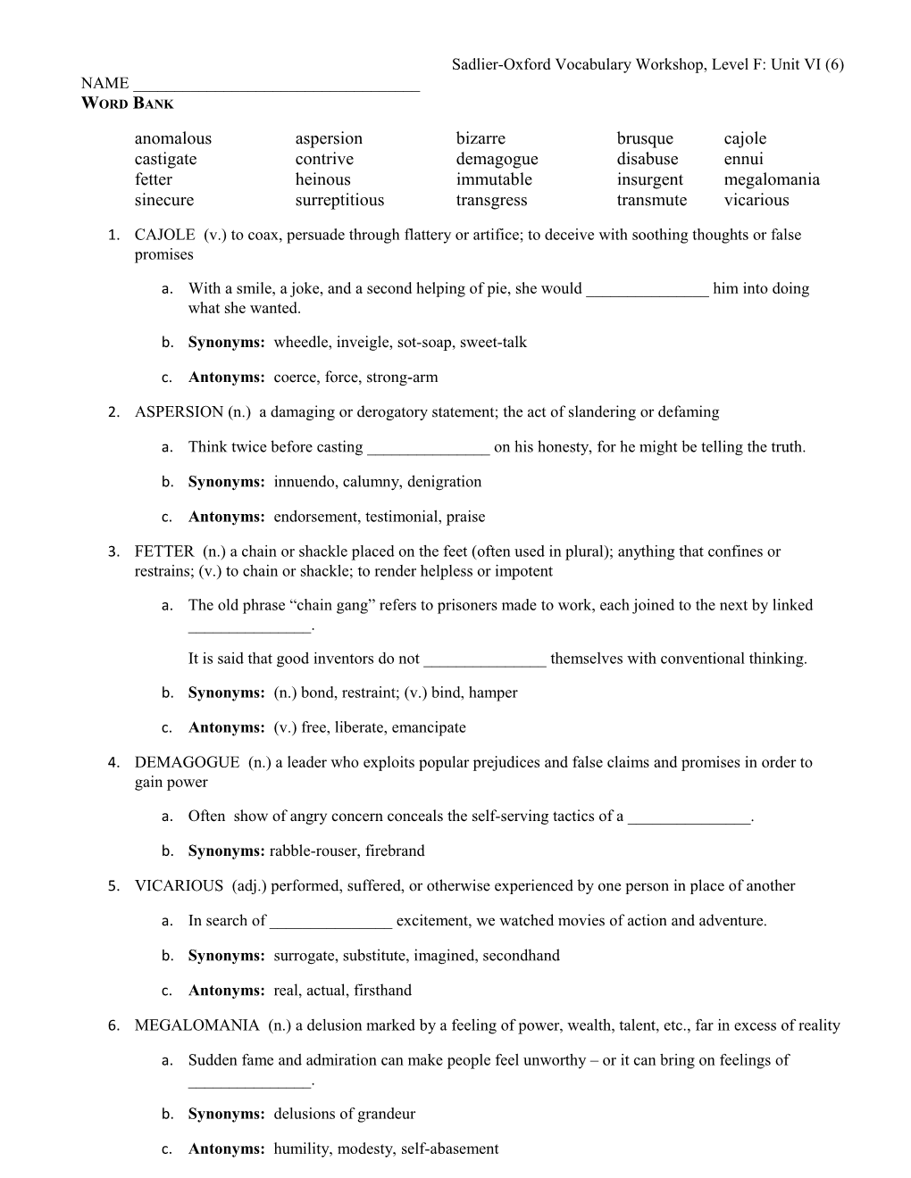 Sadlier-Oxford Vocabulary Workshop, Level F: Unit VI (6)