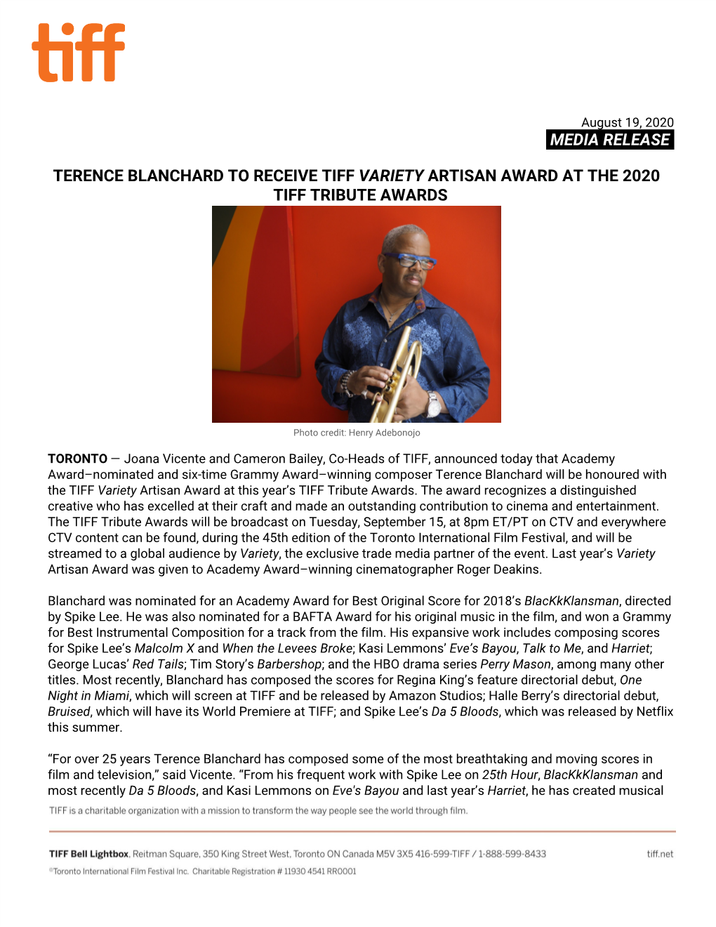 Media Release​. Terence Blanchard to Receive Tiff