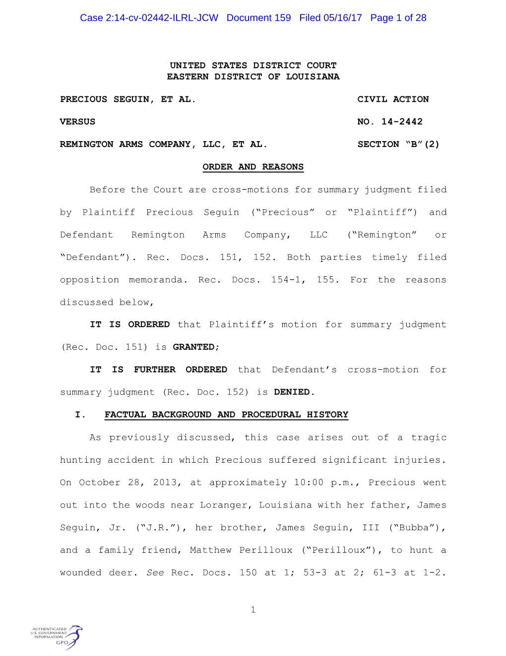 Case 2:14-Cv-02442-ILRL-JCW Document 159 Filed 05/16/17 Page 1 of 28