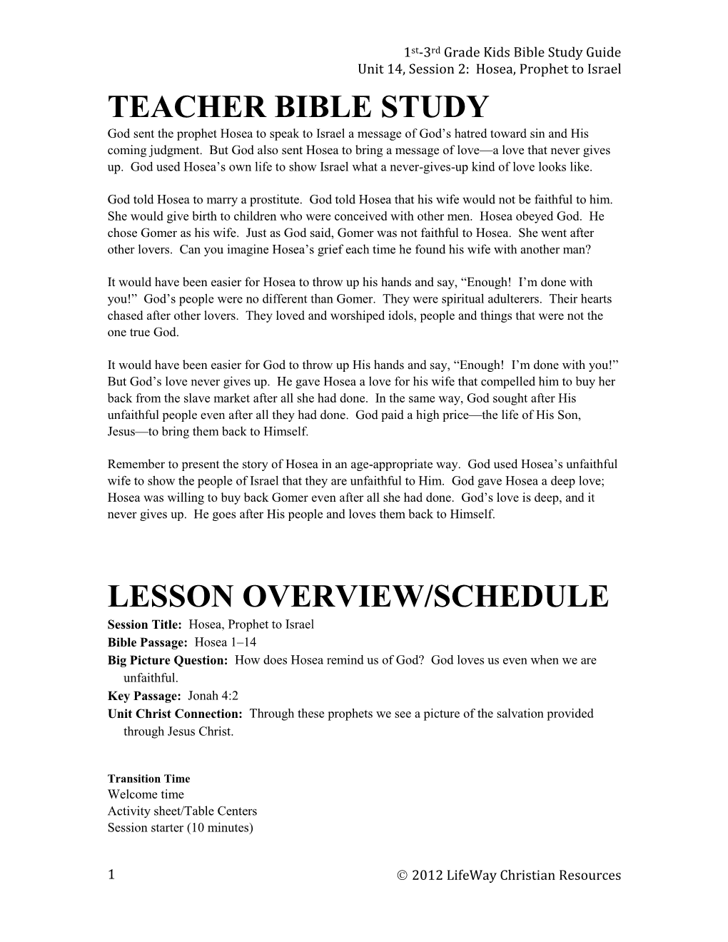 Teacher Bible Study Lesson Overview/Schedule