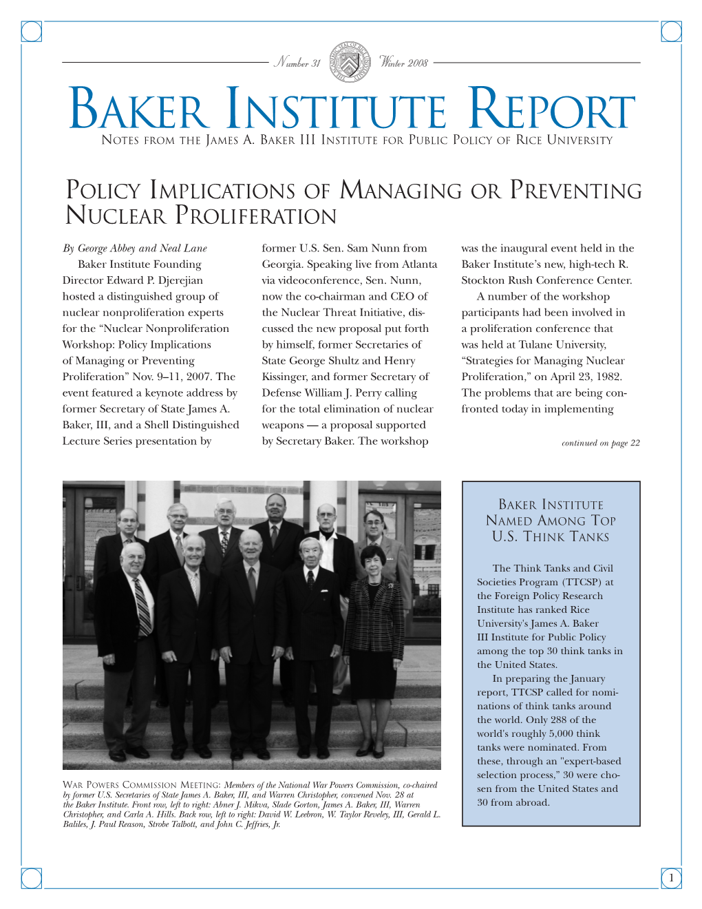 Baker Institute Report Is Printed on Recycled John W