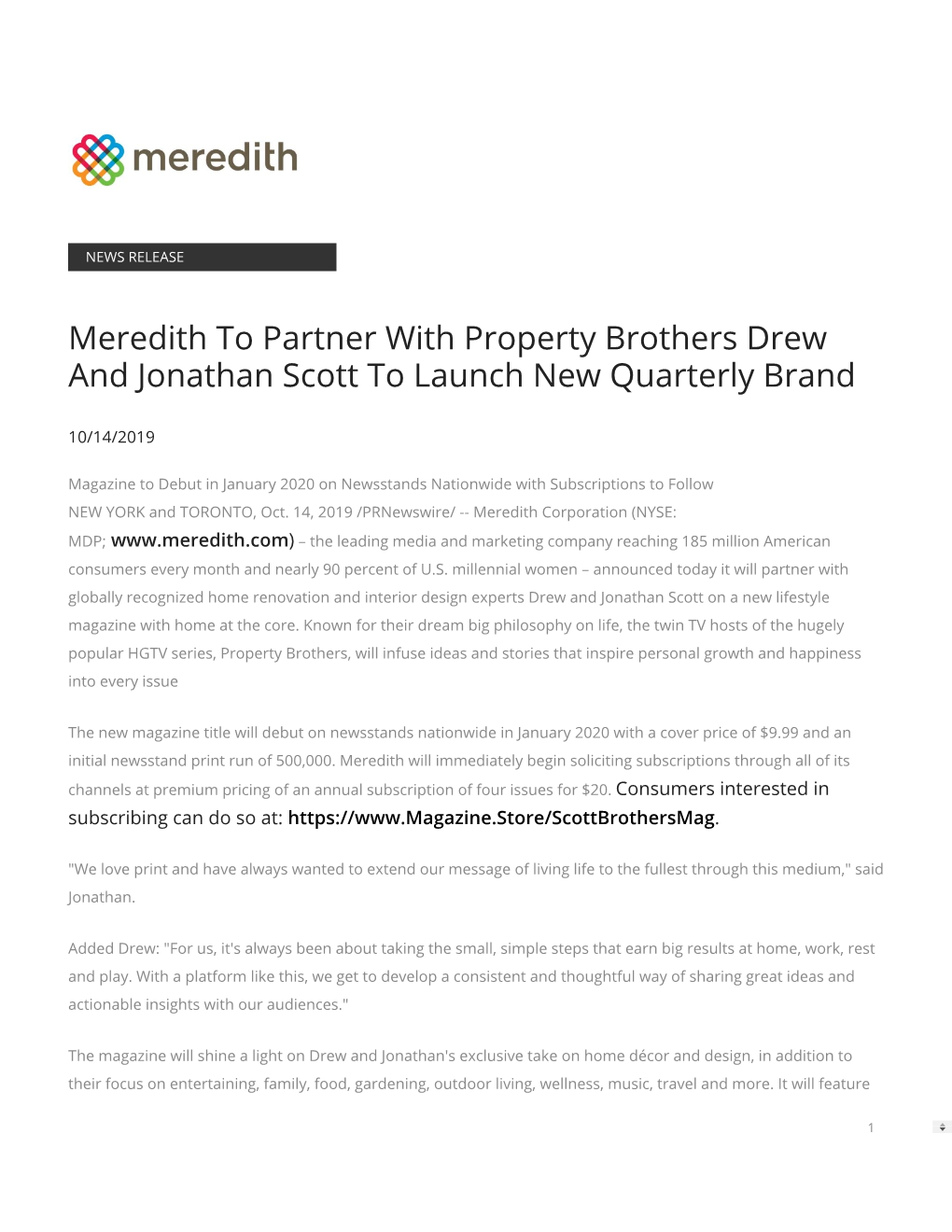 Meredith to Partner with Property Brothers Drew and Jonathan Scott to Launch New Quarterly Brand