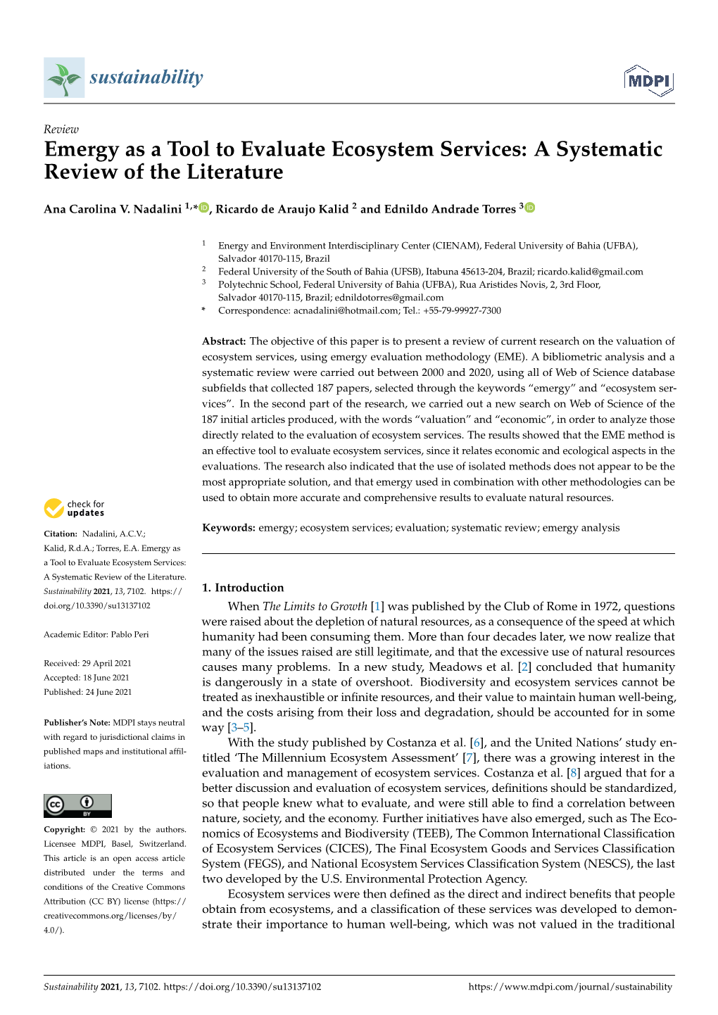 Emergy As a Tool to Evaluate Ecosystem Services: a Systematic Review of the Literature