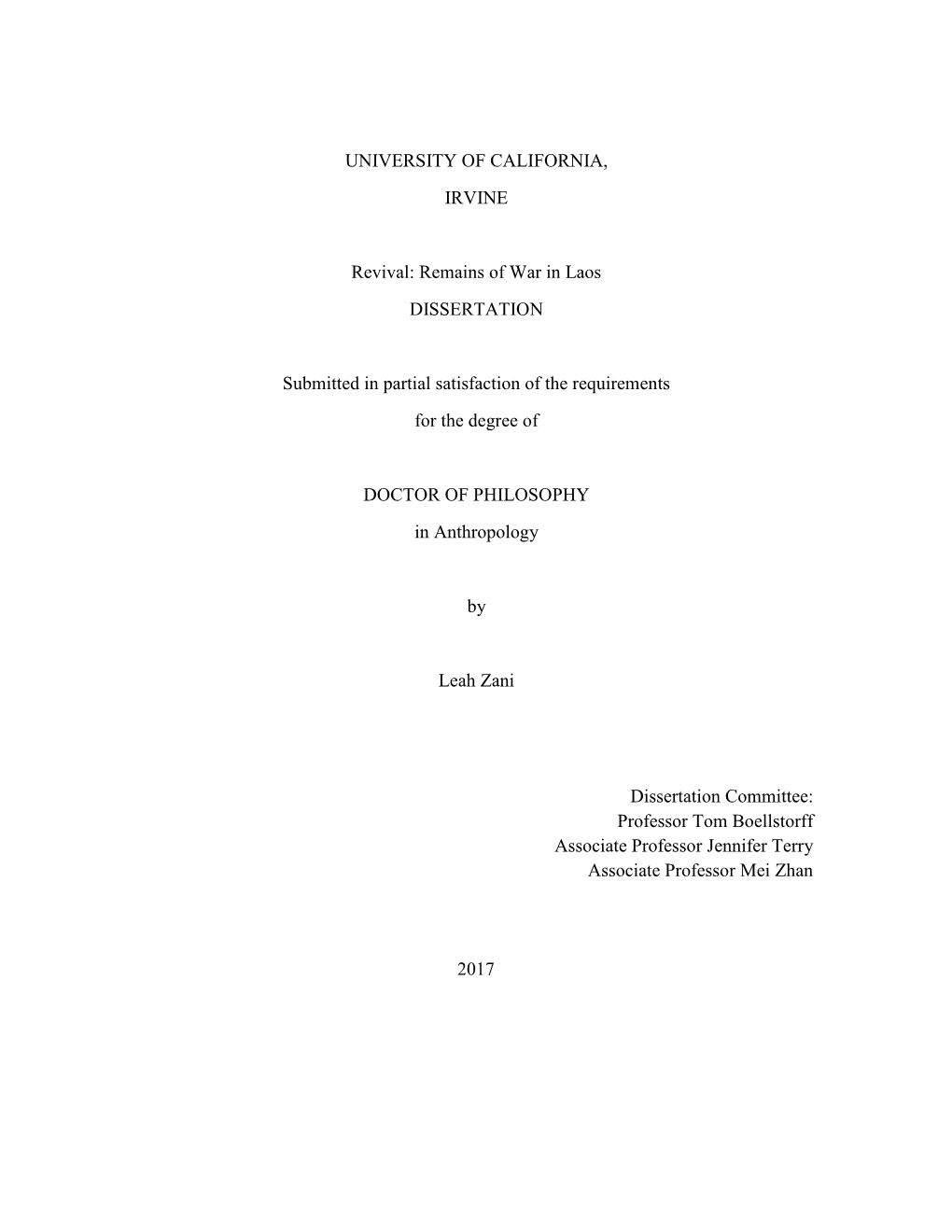 Remains of War in Laos DISSERTATION Submitted In