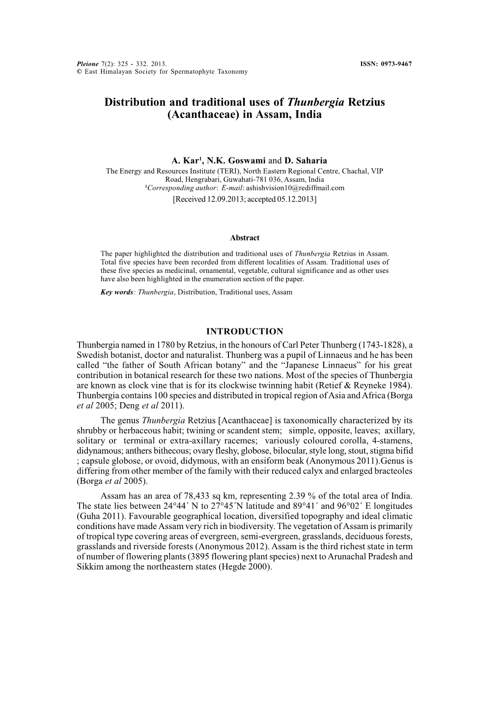 Distribution and Traditional Uses of Thunbergia Retzius (Acanthaceae) in Assam, India