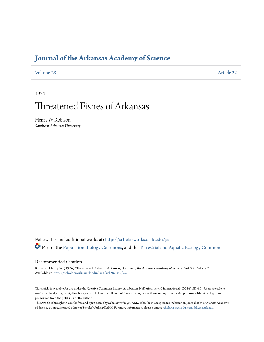 Threatened Fishes of Arkansas Henry W