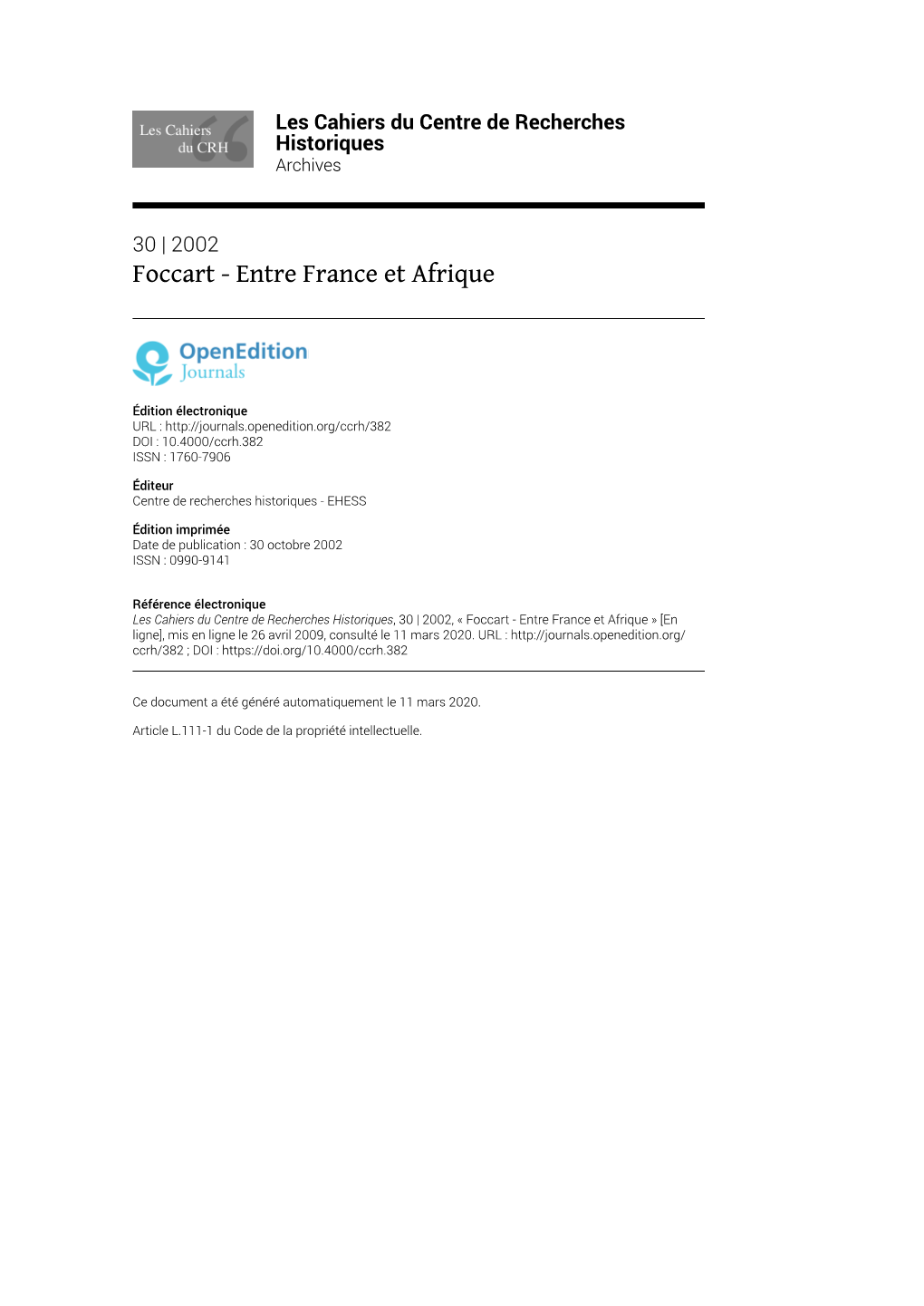 Les Cahiers Du Centre De Recherches Historiques, 30 | 2002, « Foccart - Entre France Et Afrique » [En Ligne], Mis En Ligne Le 26 Avril 2009, Consulté Le 11 Mars 2020