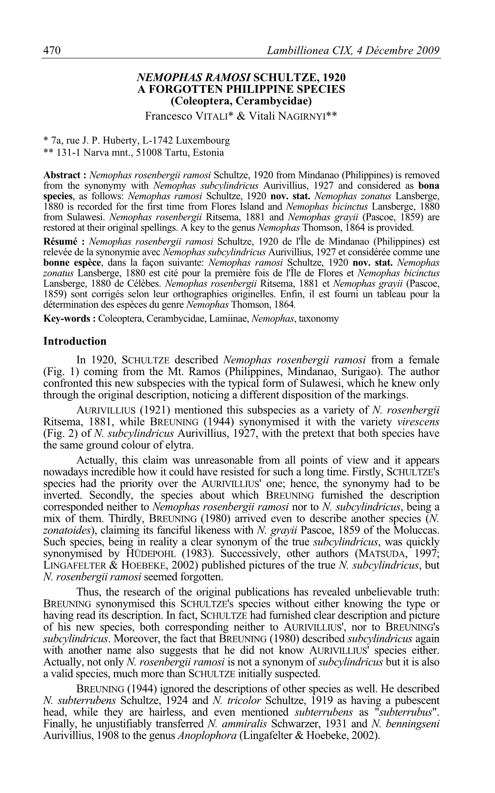 NEMOPHAS RAMOSI SCHULTZE, 1920 a FORGOTTEN PHILIPPINE SPECIES (Coleoptera, Cerambycidae) Francesco VITALI* & Vitali NAGIRNYI**