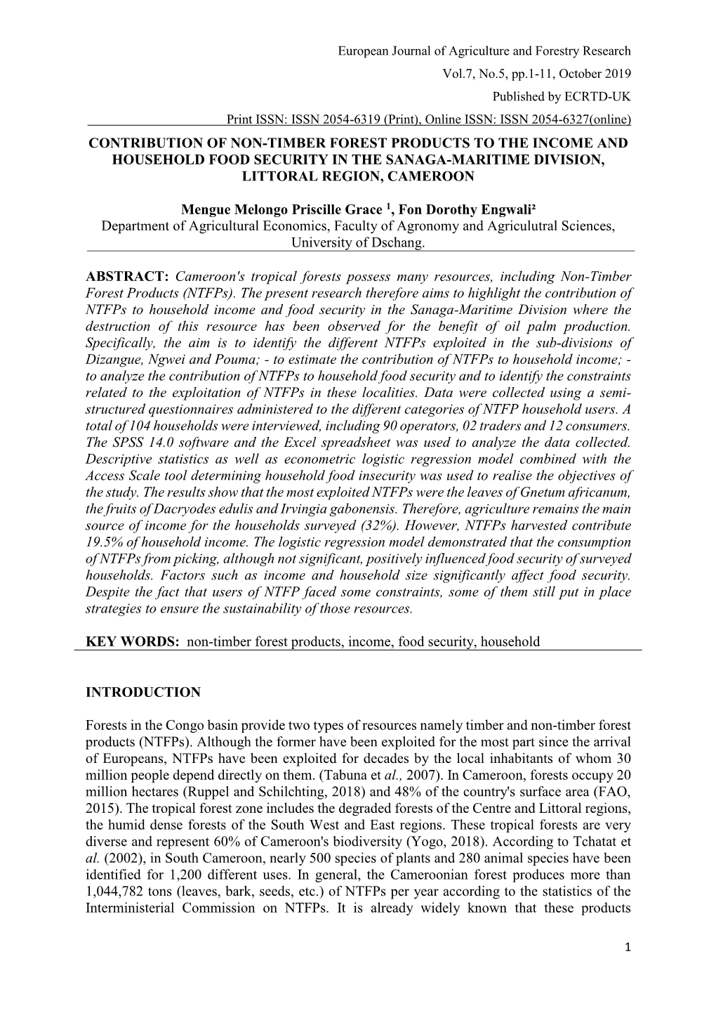 Contribution of Non-Timber Forest Products to the Income and Household Food Security in the Sanaga-Maritime Division, Littoral Region, Cameroon