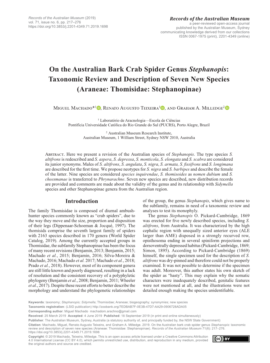 On the Australian Bark Crab Spider Genus Stephanopis: Taxonomic Review and Description of Seven New Species (Araneae: Thomisidae: Stephanopinae)