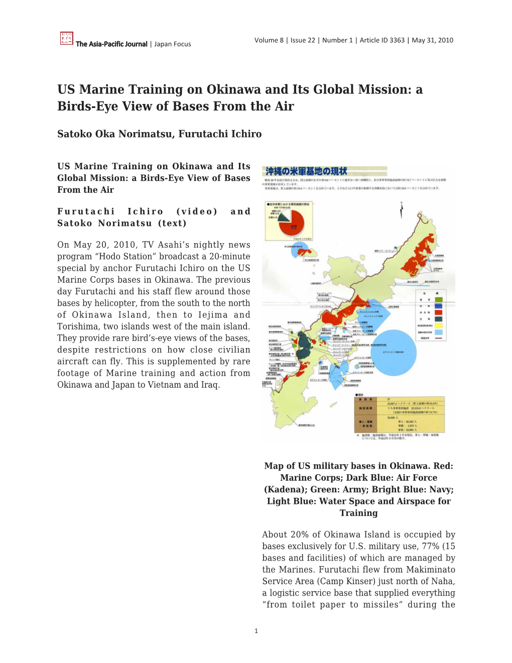 US Marine Training on Okinawa and Its Global Mission: a Birds-Eye View of Bases from the Air