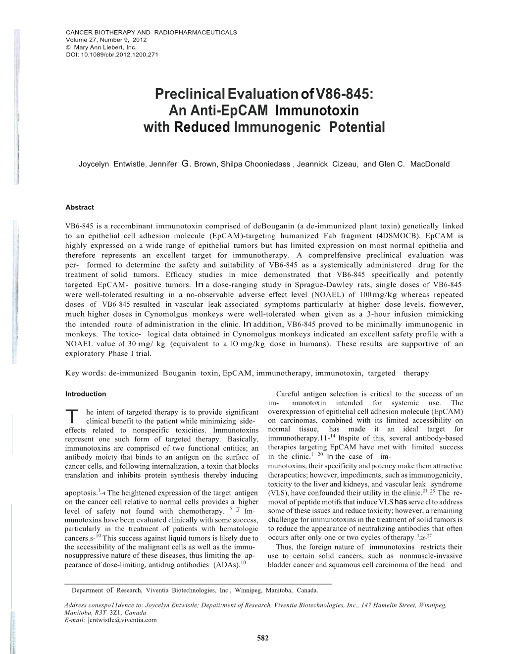 Preclinical Evaluation of VB6-845: an Anti-Epcam Immunotoxin with Reduced Immunogenic Potential