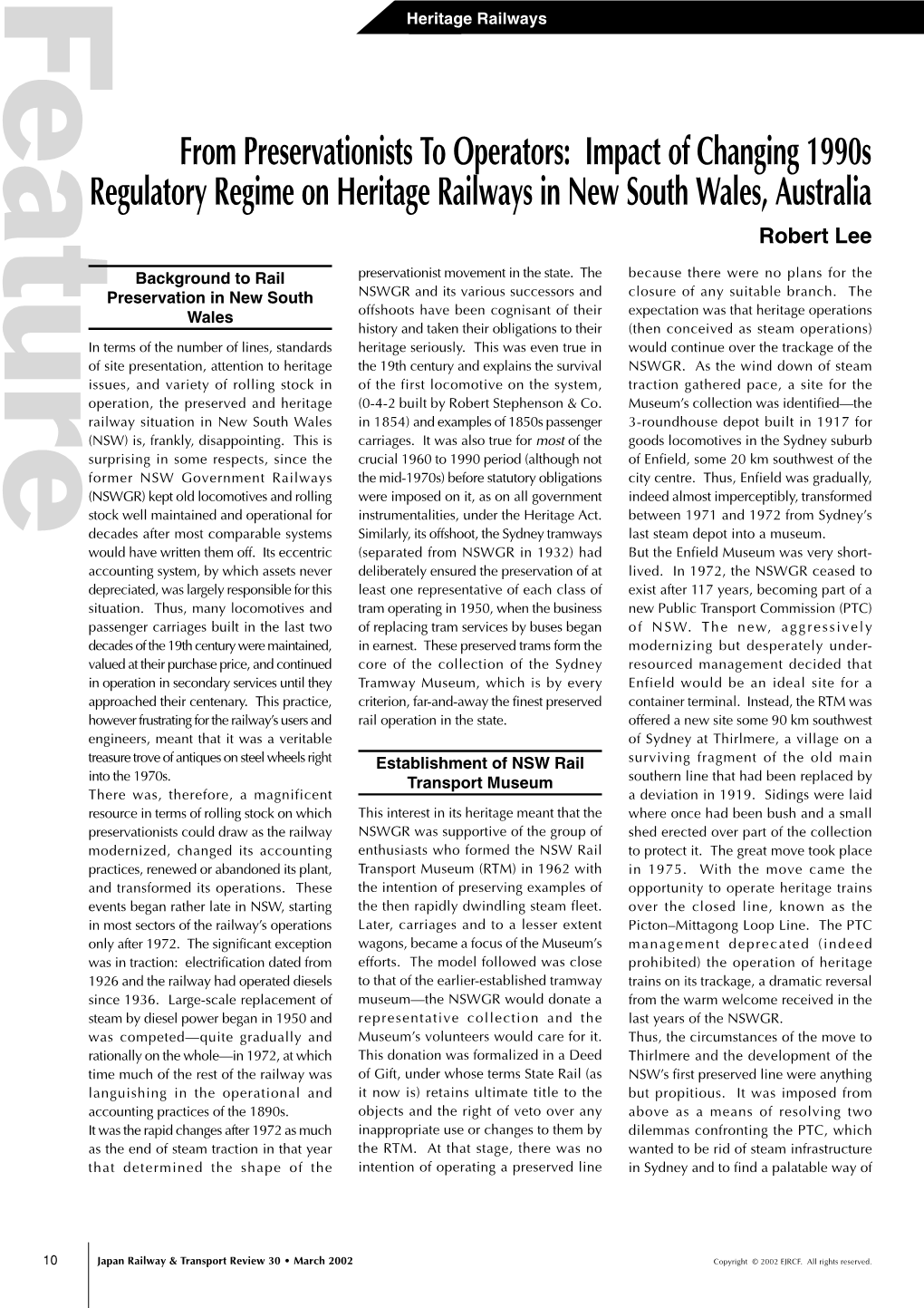 Impact of Changing 1990S Regulatory Regime on Heritage Railways in New South Wales, Australia Robert Lee