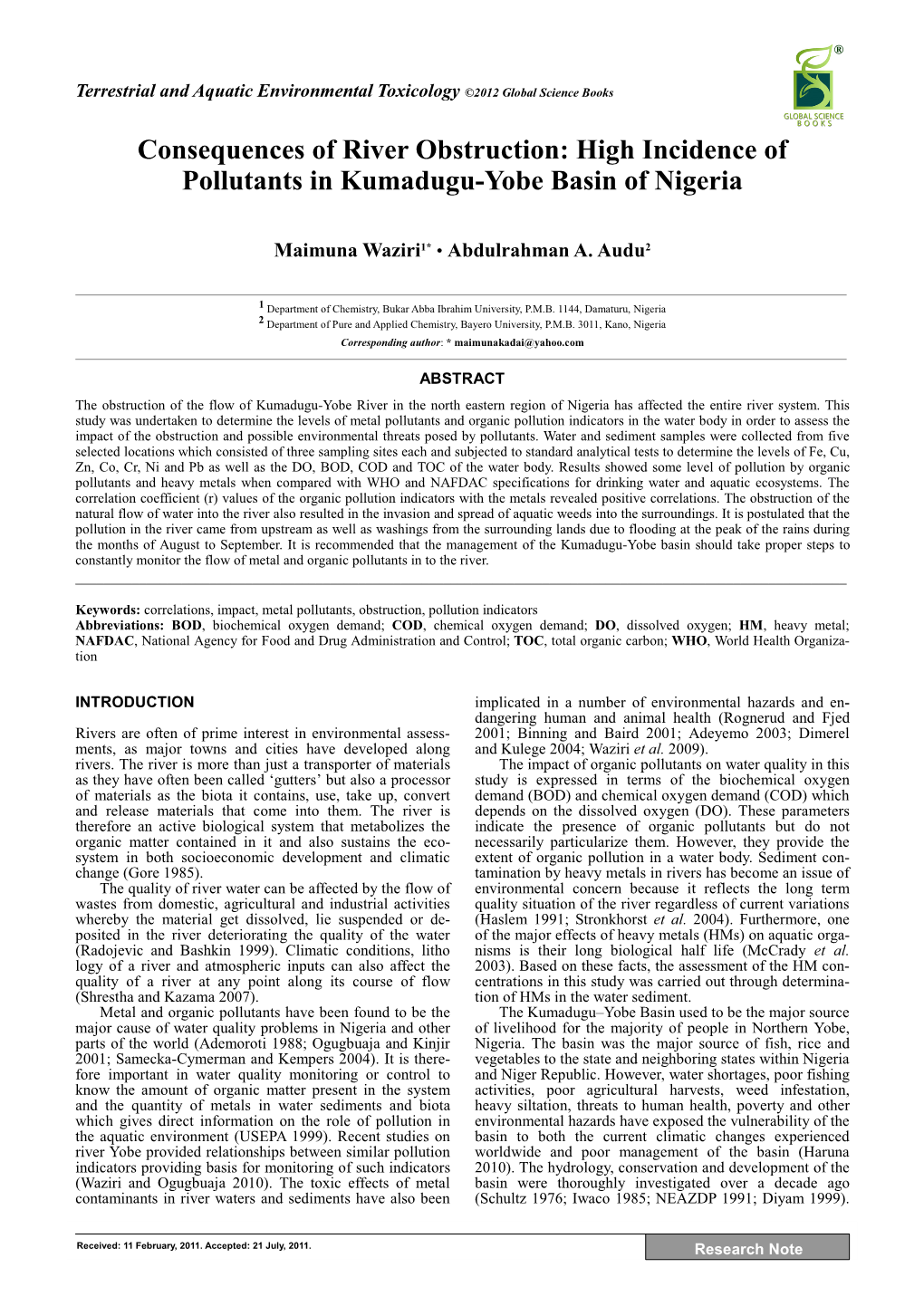 High Incidence of Pollutants in Kumadugu-Yobe Basin of Nigeria