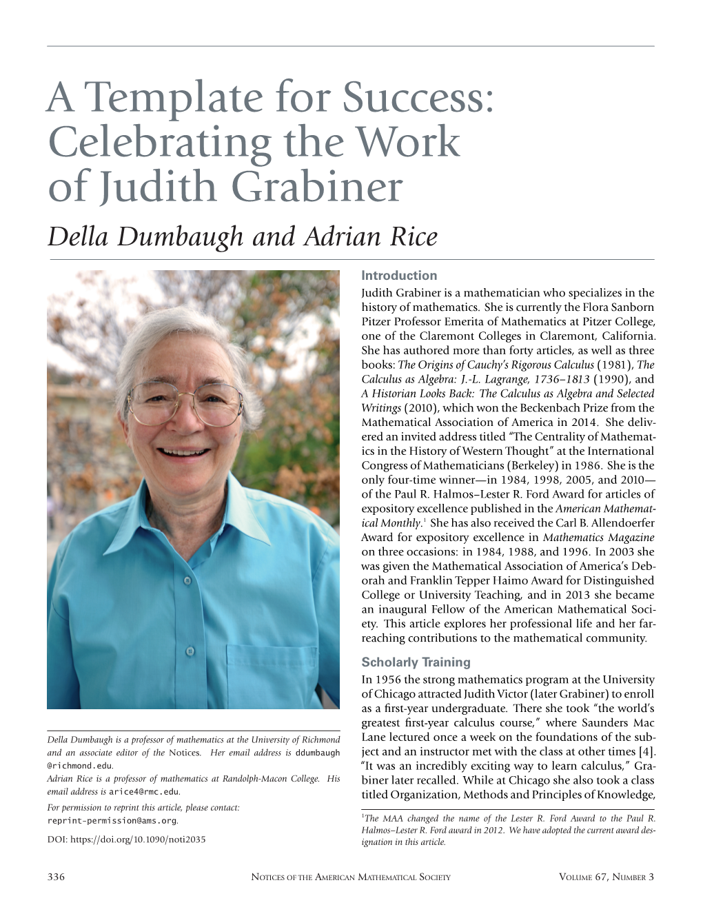 Celebrating the Work of Judith Grabiner Della Dumbaugh and Adrian Rice