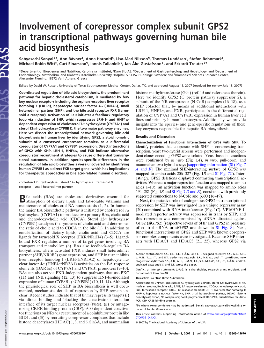 Involvement of Corepressor Complex Subunit GPS2 in Transcriptional Pathways Governing Human Bile Acid Biosynthesis