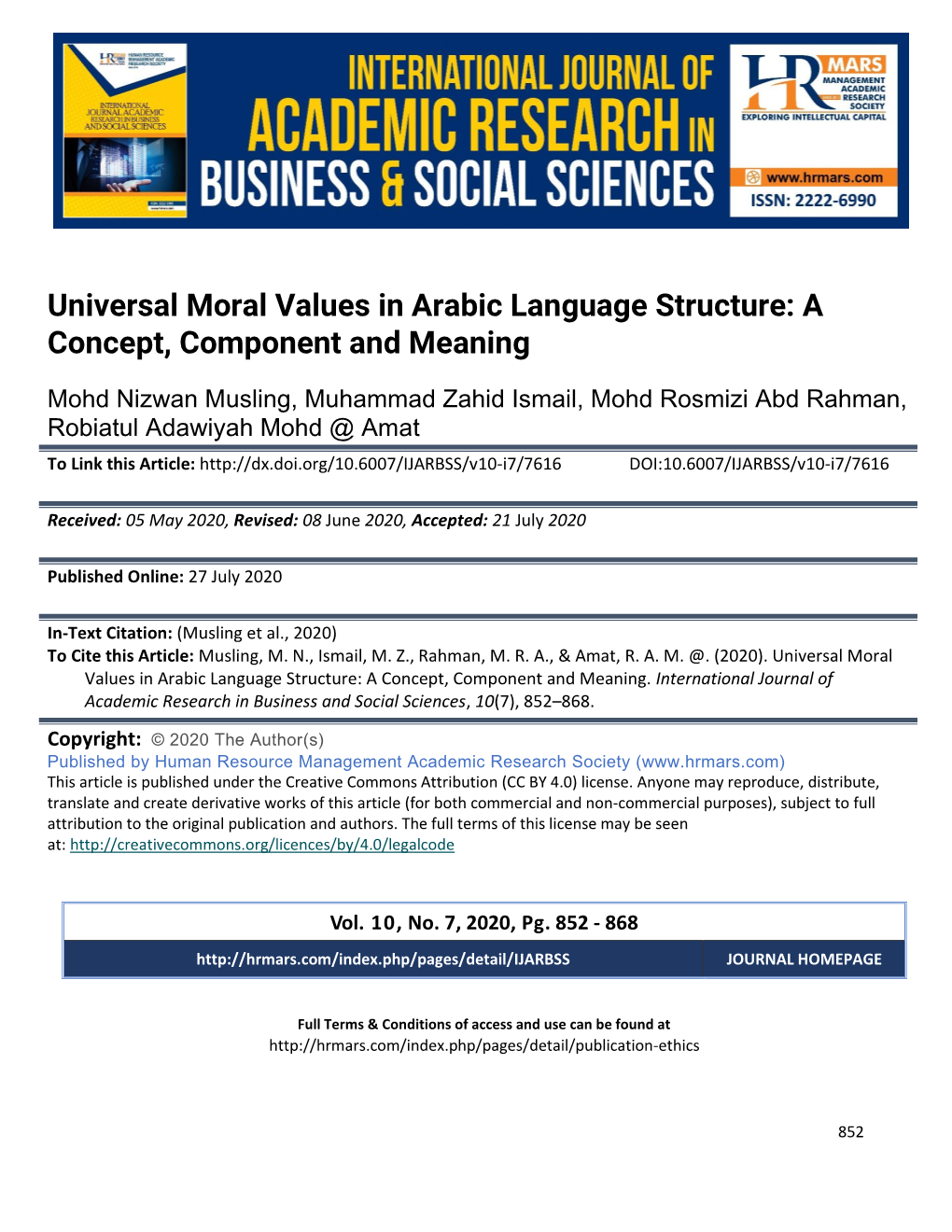 Universal Moral Values in Arabic Language Structure: a Concept, Component and Meaning