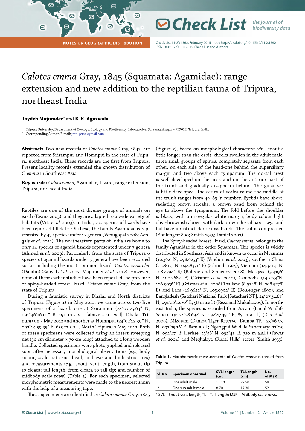 Calotes Emma Gray, 1845 (Squamata: Agamidae): Range Extension and New Addition to the Reptilian Fauna of Tripura, Northeast India