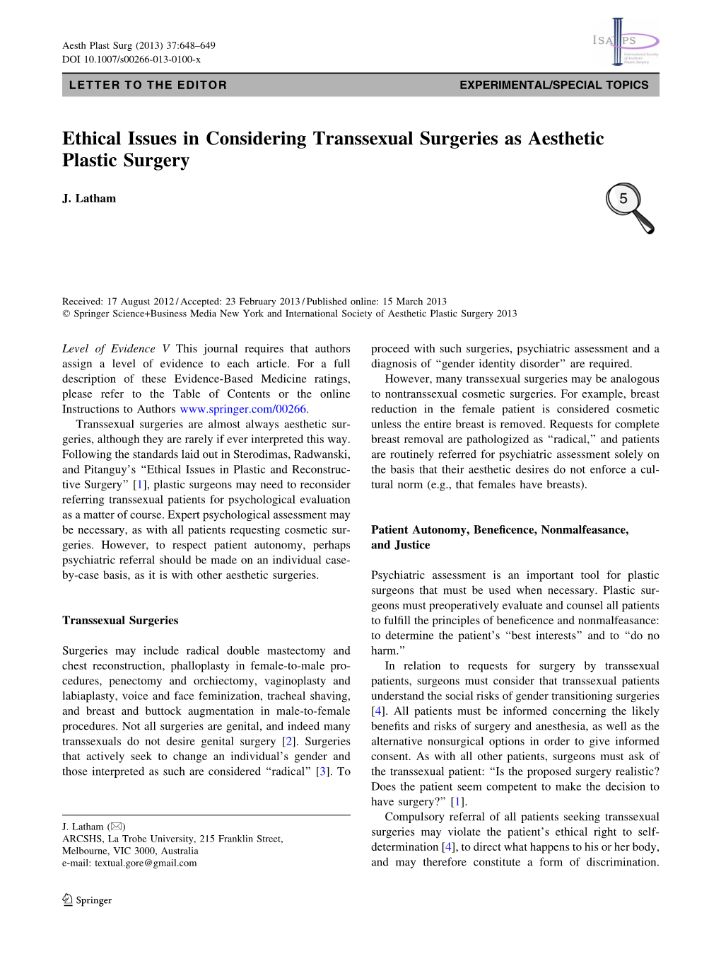 Ethical Issues in Considering Transsexual Surgeries As Aesthetic Plastic Surgery