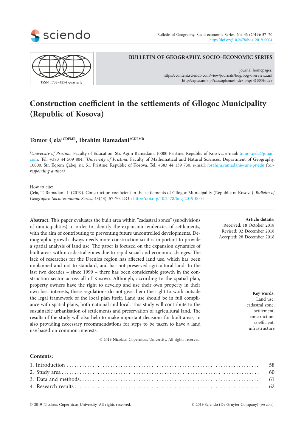 Construction Coefficient in the Settlements of Gllogoc Municipality (Republic of Kosova)