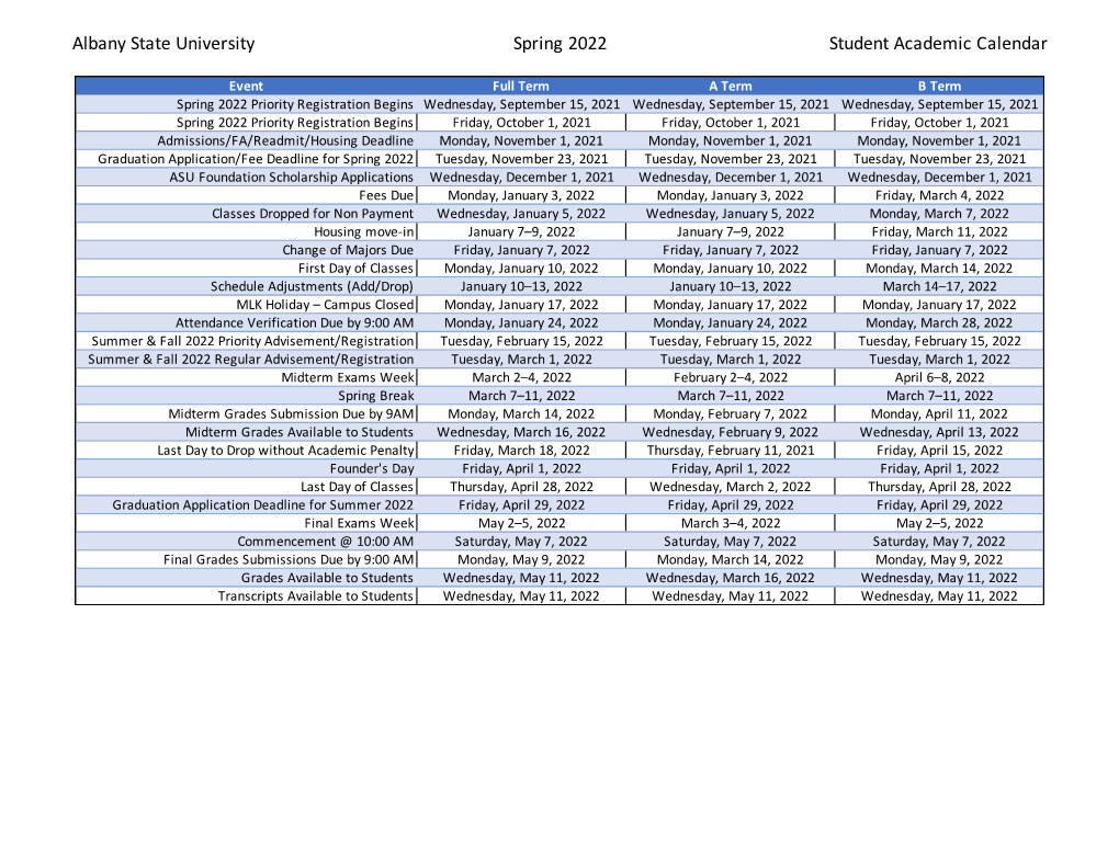 Albany State University Spring 2022 Student Academic Calendar